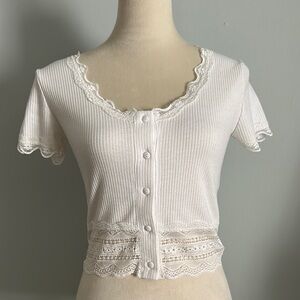 Caution To The Wind White Lace Trim Button-Up Crop Top